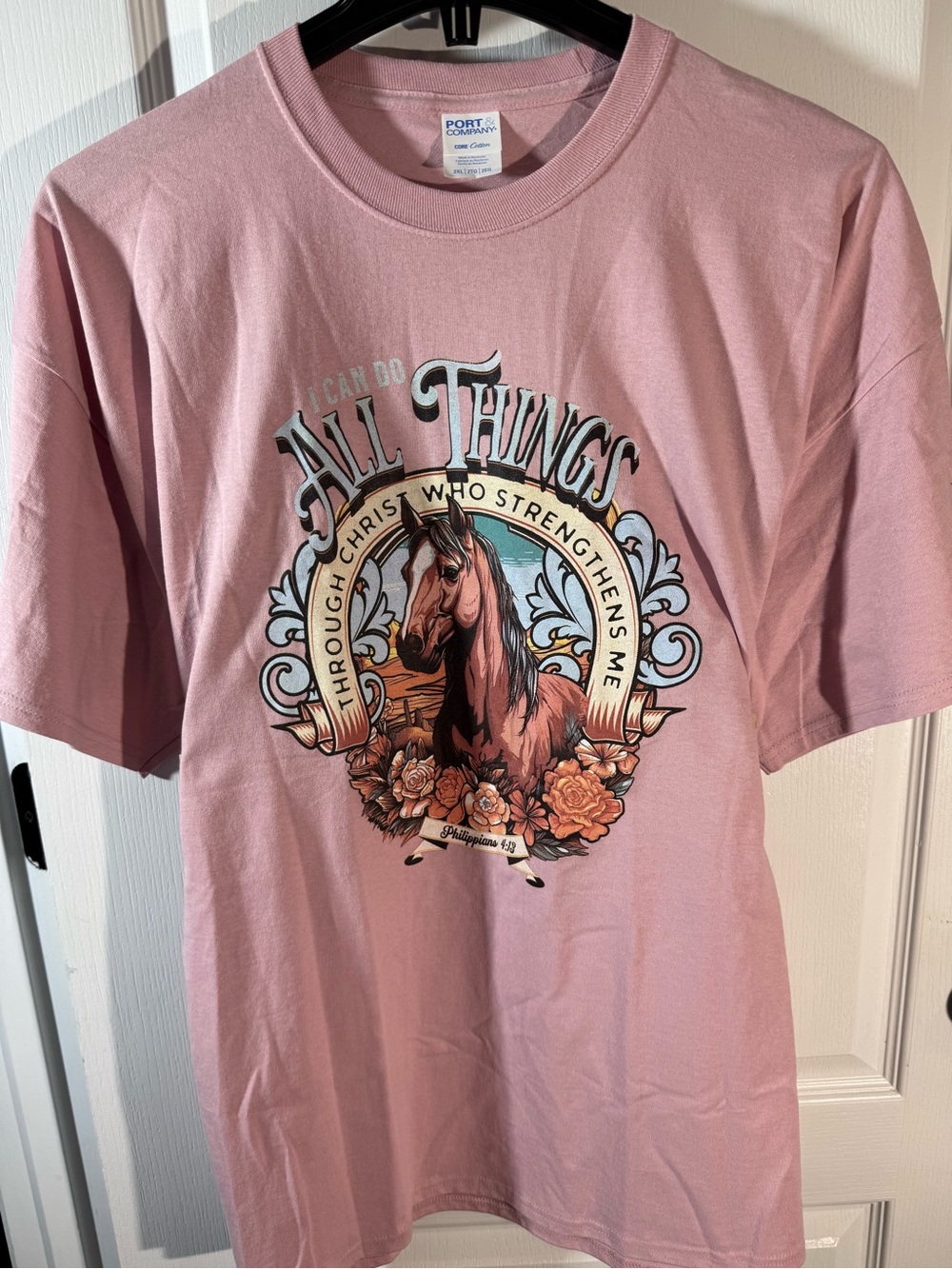 Port and Company Pink Graphic Tee with Horse "All Things"